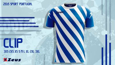 Camisola desportiva Zeus azul e branca com riscas diagonais