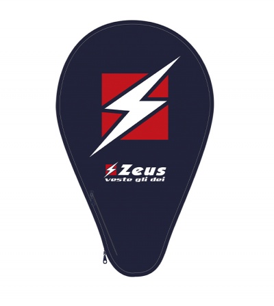 Capa azul escura para raquete com logotipo vermelho e branco e texto Zeus