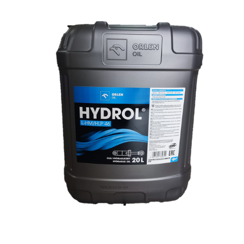 Óleo Hidráulico HLP 46 Orlen Hydrol 20L Recipiente de óleo hidráulico cinzento de 20 litros com rótulo azul e preto