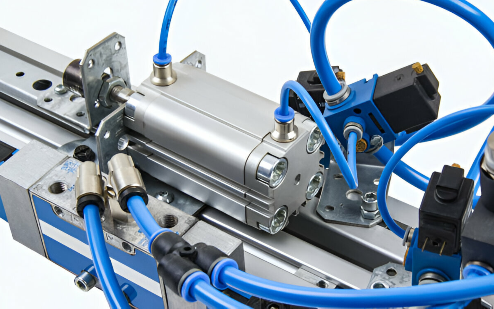 Componentes industriais metálicos com tubos azuis e cilindro pneumático