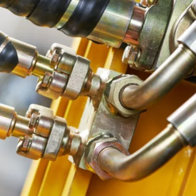 Tubagens metálicas com conexões e mangueiras pretas ligadas a suporte amarelo