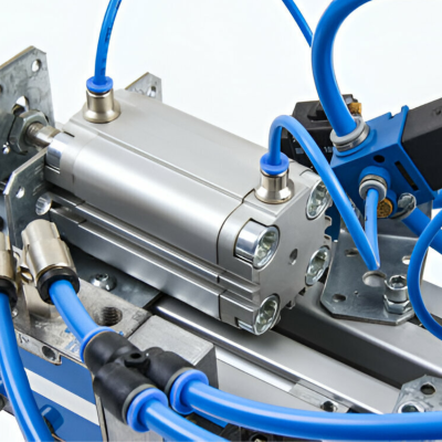 Componentes industriais metálicos com tubos azuis e cilindro pneumático