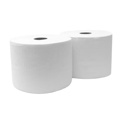Dois rolos grandes de papel higiénico branco com núcleo preto.