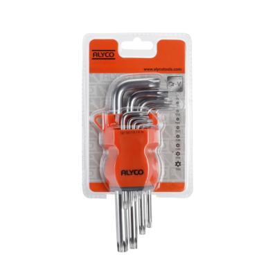 Conjunto de chaves Allen em embalagem plástica transparente com suporte laranja Flyco