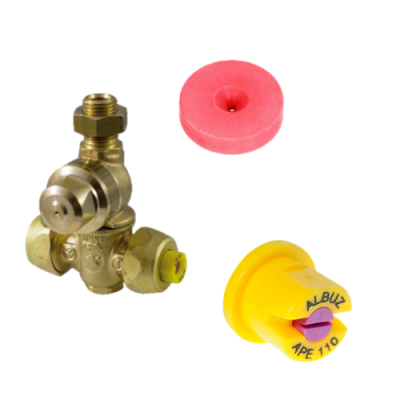 Três peças para sistema hidráulico ou gás: válvula metálica dourada, espuma rosa circular, bocal amarelo ALBUZ APE 110