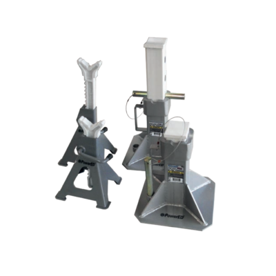 Macacos de suporte automóvel metal cinza e preto com texto PowerED