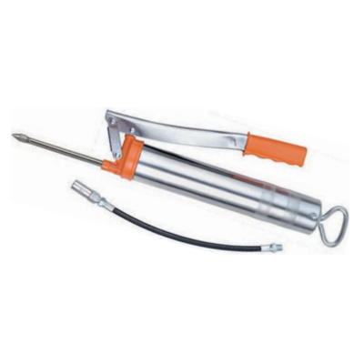 Aparelho manual para lubrificação metálico com cabo laranja e mangueira preta