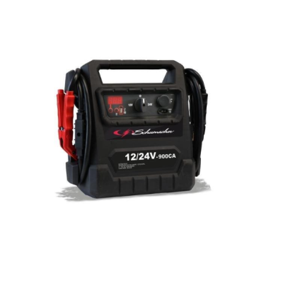 Carregador portátil de baterias automóvel preto com pinças vermelhas