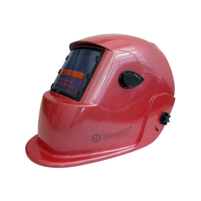 Capacete de soldadura vermelho com visor escuro e textura de fibra de carbono