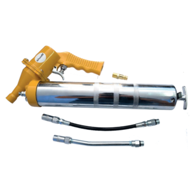 Bomba de graxa manual metálica com punho amarelo e duas mangueiras