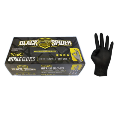Caixa preta de luvas de nitrilo Black Spider WETOR com luva preta ao lado