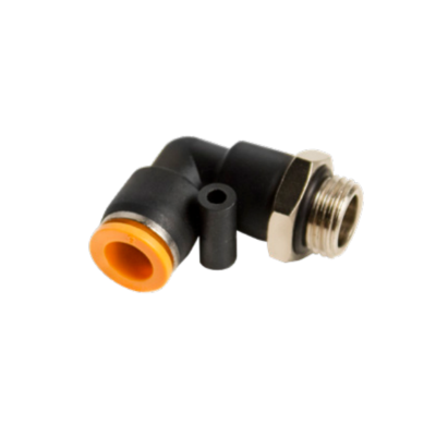 Conector de tubo em ângulo com conexão roscada e anel laranja.