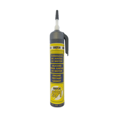 Tubo amarelo de silicone para juntas de motor com tampa cinzenta e texto em português e inglês