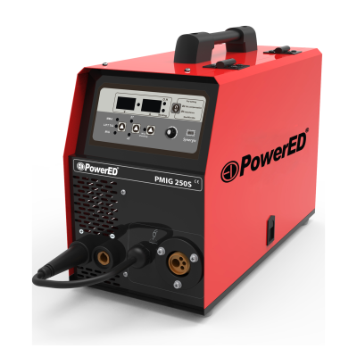 Máquina de soldar portátil PowerED PMIG 250S vermelha e preta com painéis de controlo e conectores