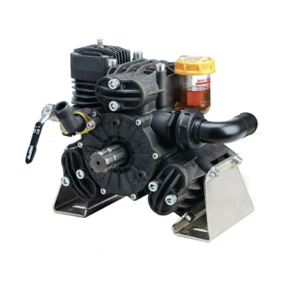 Motor ou compressor industrial preto e cinza com depósito amarelo e suporte metálico