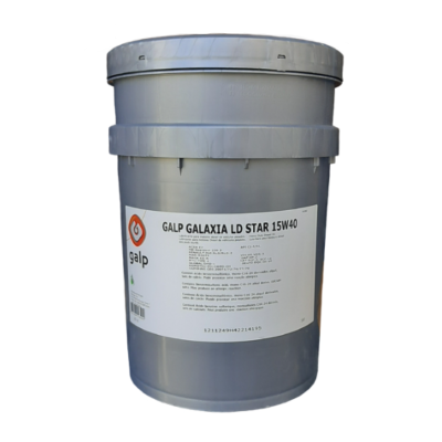Recipiente industrial cinza com etiqueta 'GALP GALAXIA LD STAR 15W40' da Galp