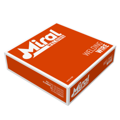 Embalagem laranja de fio para soldadura Miral Welding com texto branco