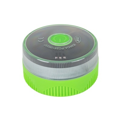 Dispositivo redondo com base verde e topo transparente com texto e botão verde