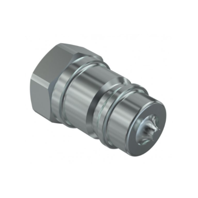 Conector metálico prateado com extremidade hexagonal e ranhuras.