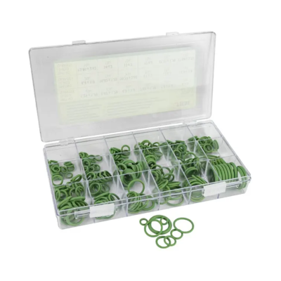 Caixa transparente com anéis de vedação verdes organizados por tamanhos