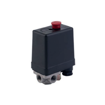 Interruptor de pressão preto com botão vermelho e base metálica com três entradas