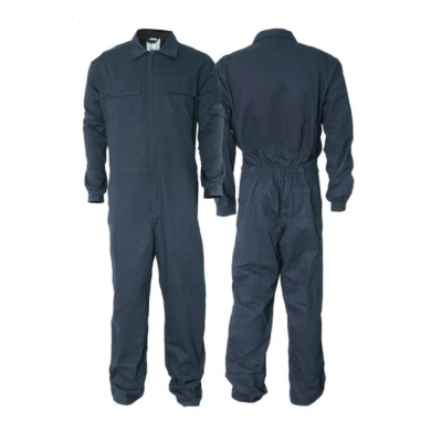 Macacão de trabalho azul escuro com botões frontais e bolsos no peito