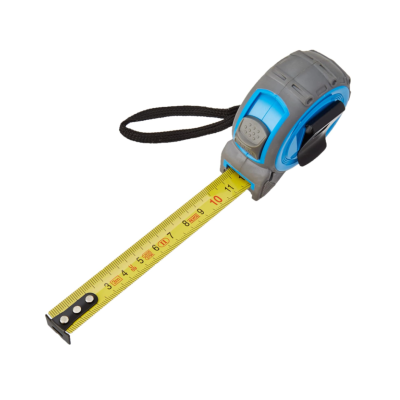 Trena de medição cinza e azul com fita amarela estendida