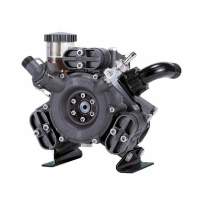 Bomba de pulverização agrícola preta com várias conexões e suporte