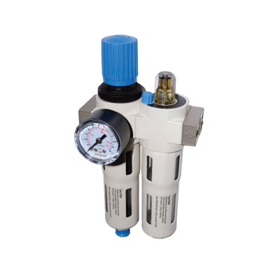 Filtro de ar industrial branco com manómetro e botões azuis