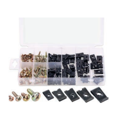 Caixa transparente com parafusos metálicos e presilhas pretas organizadas