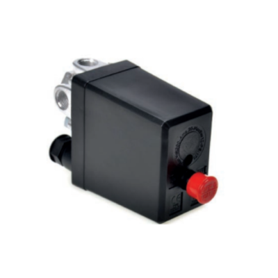 Dispositivo elétrico preto com botão vermelho e estrutura metálica