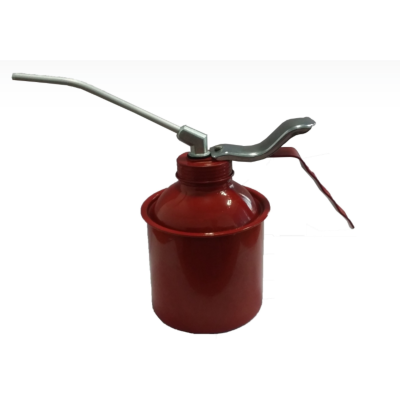 Recipiente vermelho metal com bico e alavanca metálica para óleo