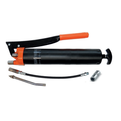 Bomba manual de lubrificação preta com punho laranja e acessórios