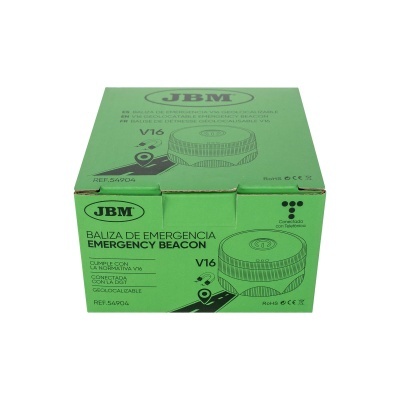 Embalagem verde para baliza de emergência JBM V16 com texto e ilustrações
