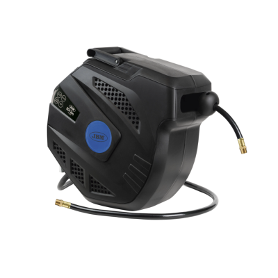 Carretel de mangueira de ar comprimido preto e azul com mangueira preta saindo