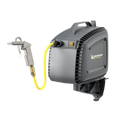 Compressor de ar portátil cinza com pistola de ar metálica e mangueira amarela